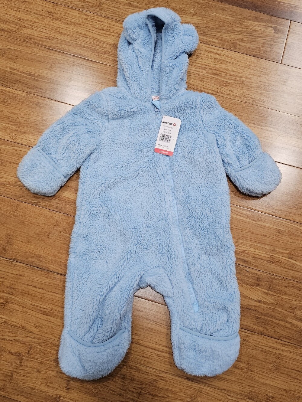 🐻 New Reebok Baby Plush Fleece Hooded Bear Pram Bunting Suit 12M Blue